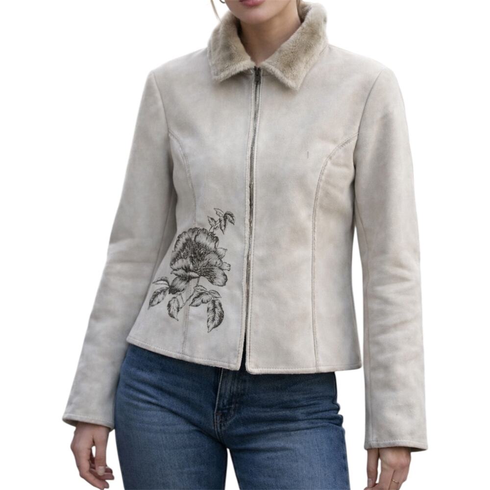 VTG The Limited Floral Print Coat Jacket Fur Lined Collared Faux Suede White L